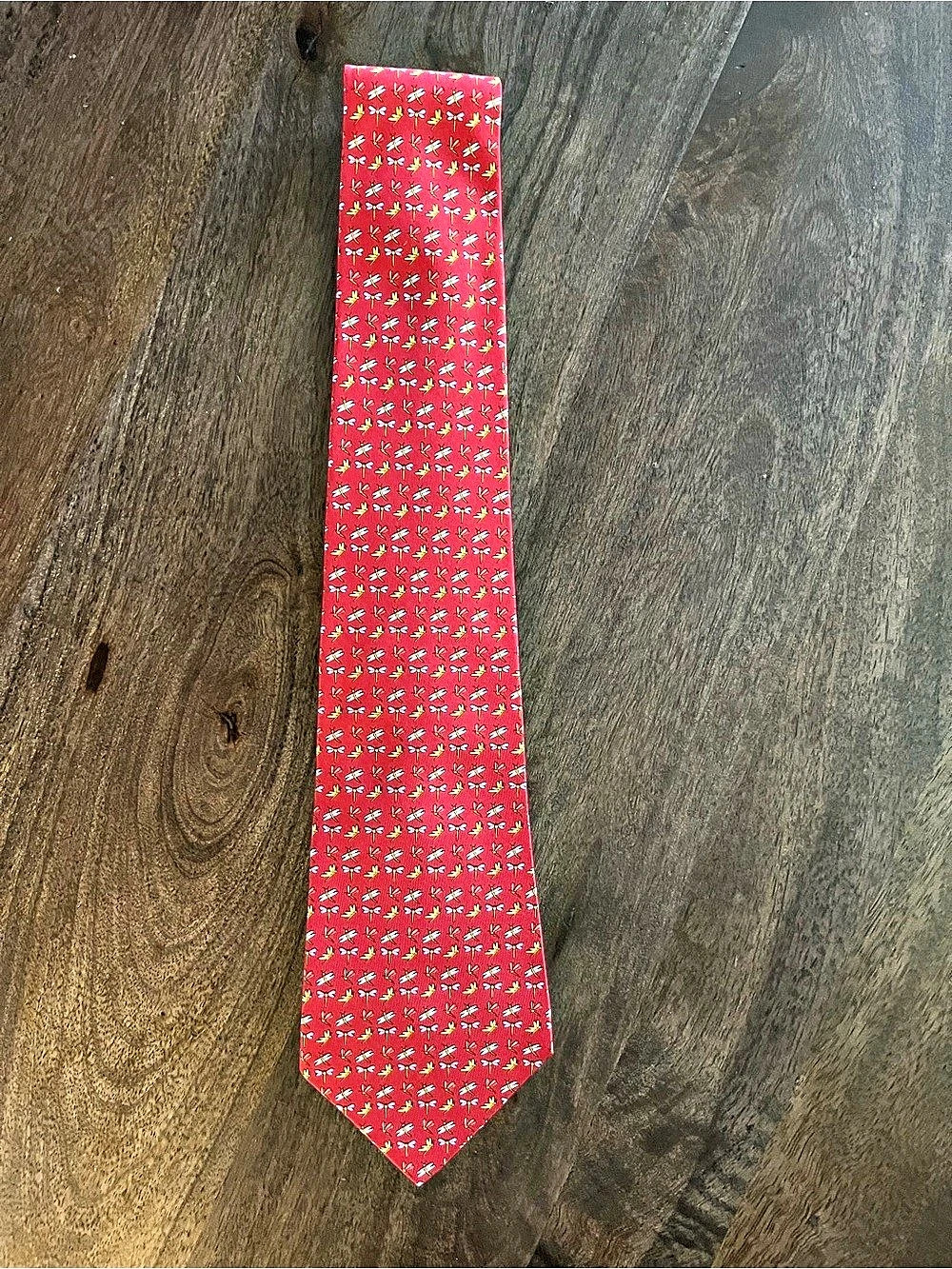 Salvatore Ferragamo Dragonfly Print Silk Tie Red & Yellow